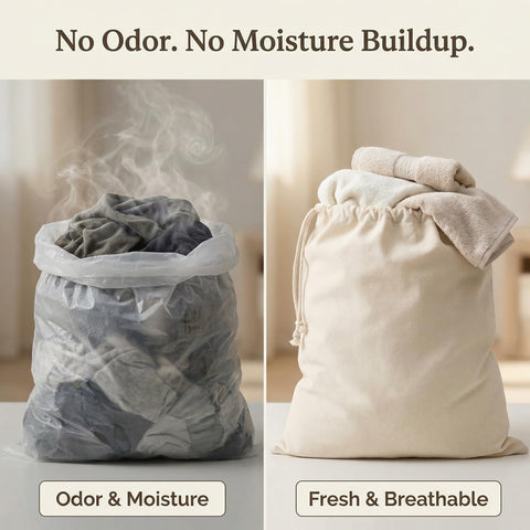 Urban Villa laundry bag in a hamper filled with clothes showing roomy storage benefit
