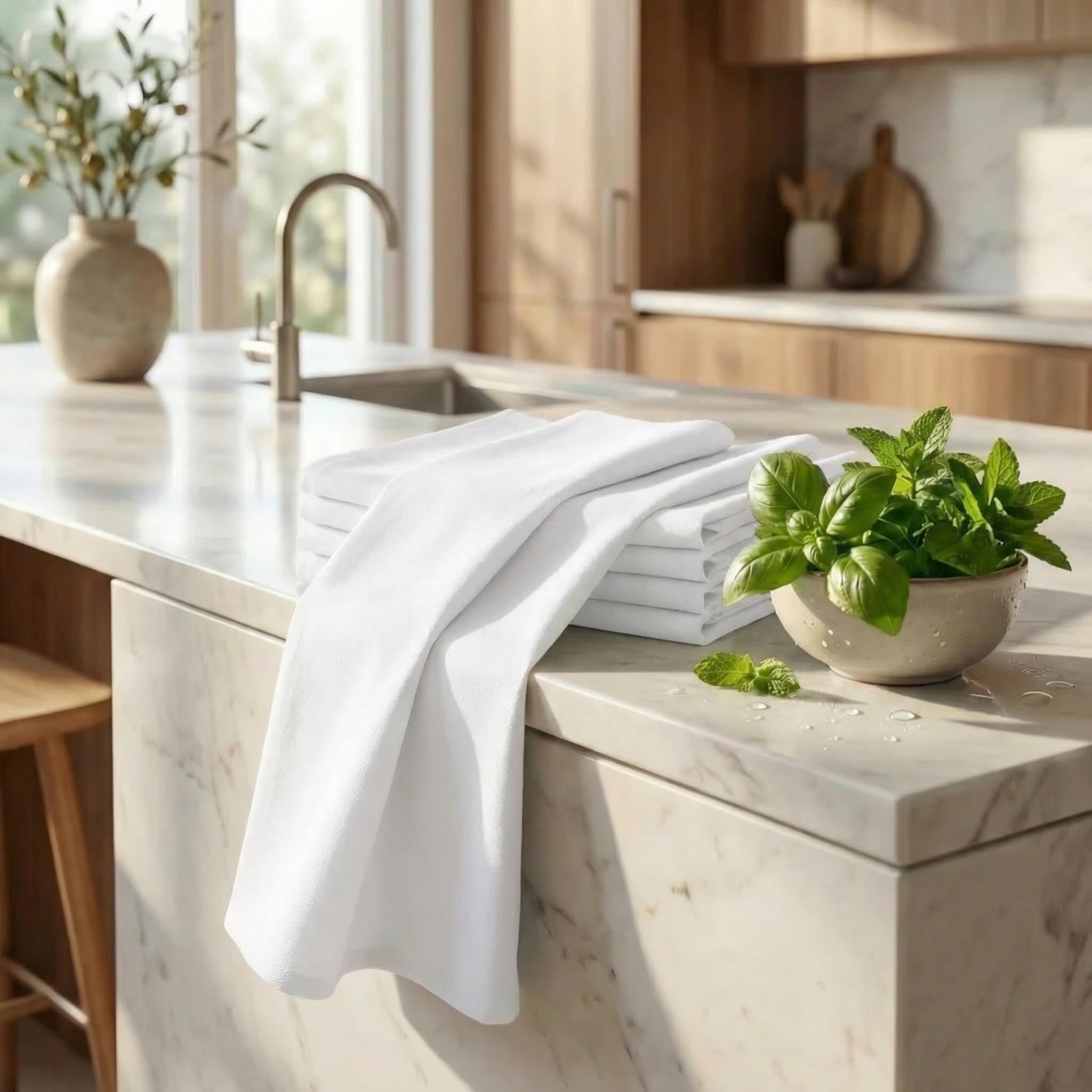 Urban Villa folded towel stack conveying neat storage and organized kitchen benefit