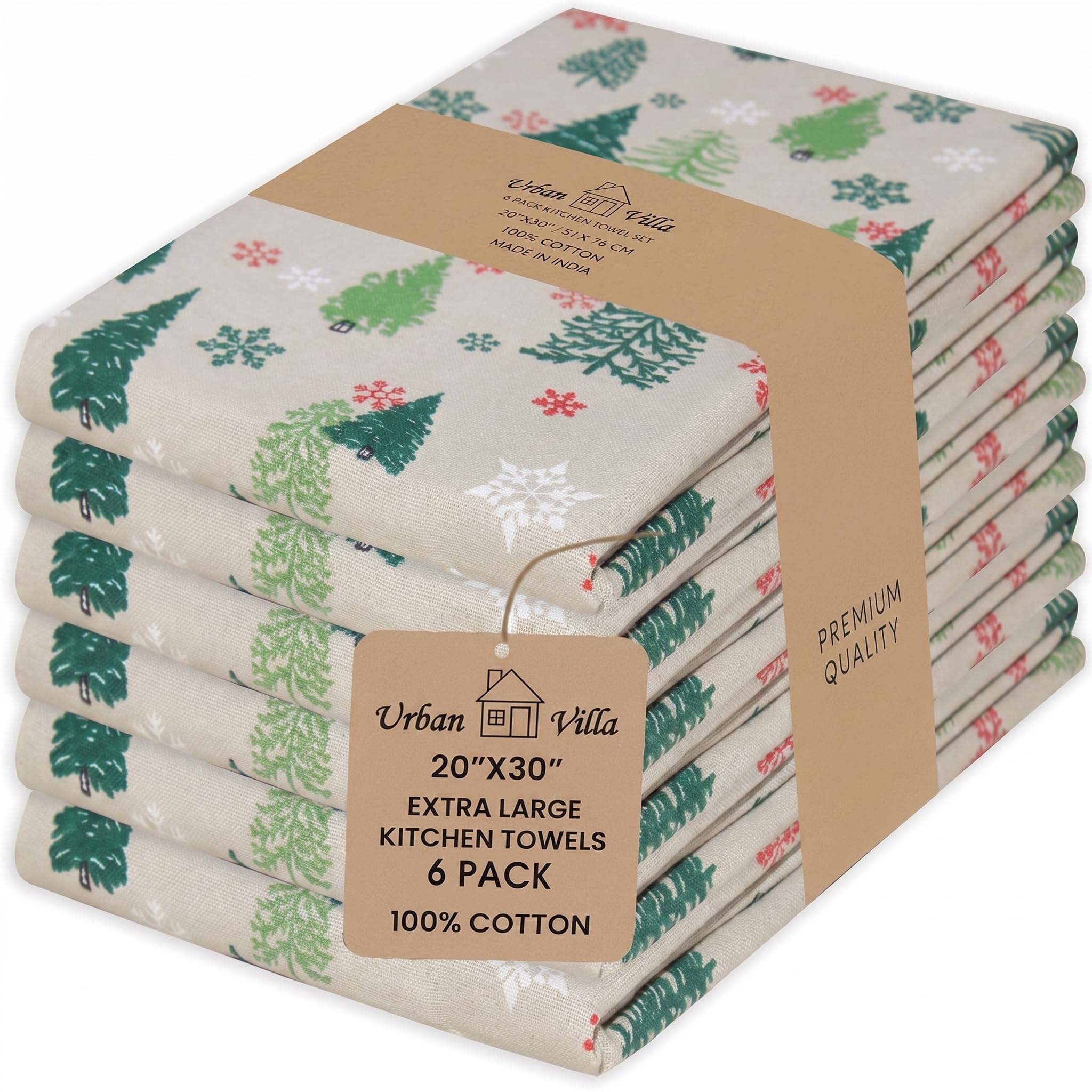 Urban Villa front view of green tree print towel set showing pattern and packaging benefit