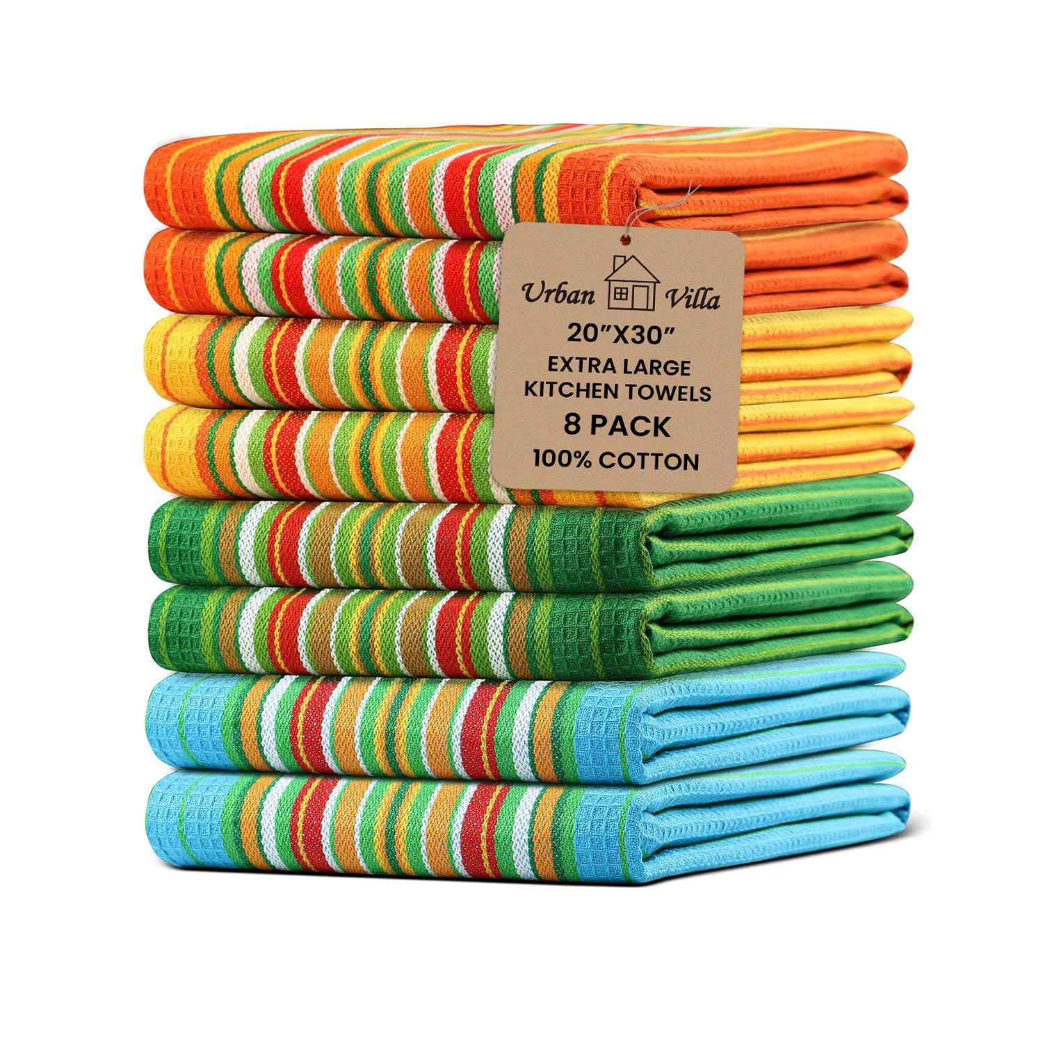 Urban Villa front packaging showing set of eight towels and clear size info, durable quality