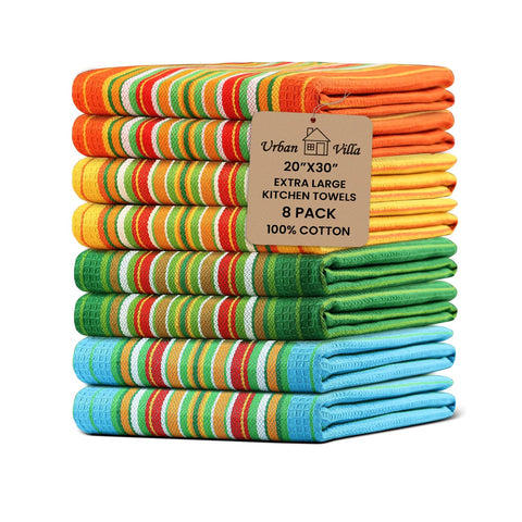 Urban Villa front packaging showing set of eight towels and clear size info, durable quality