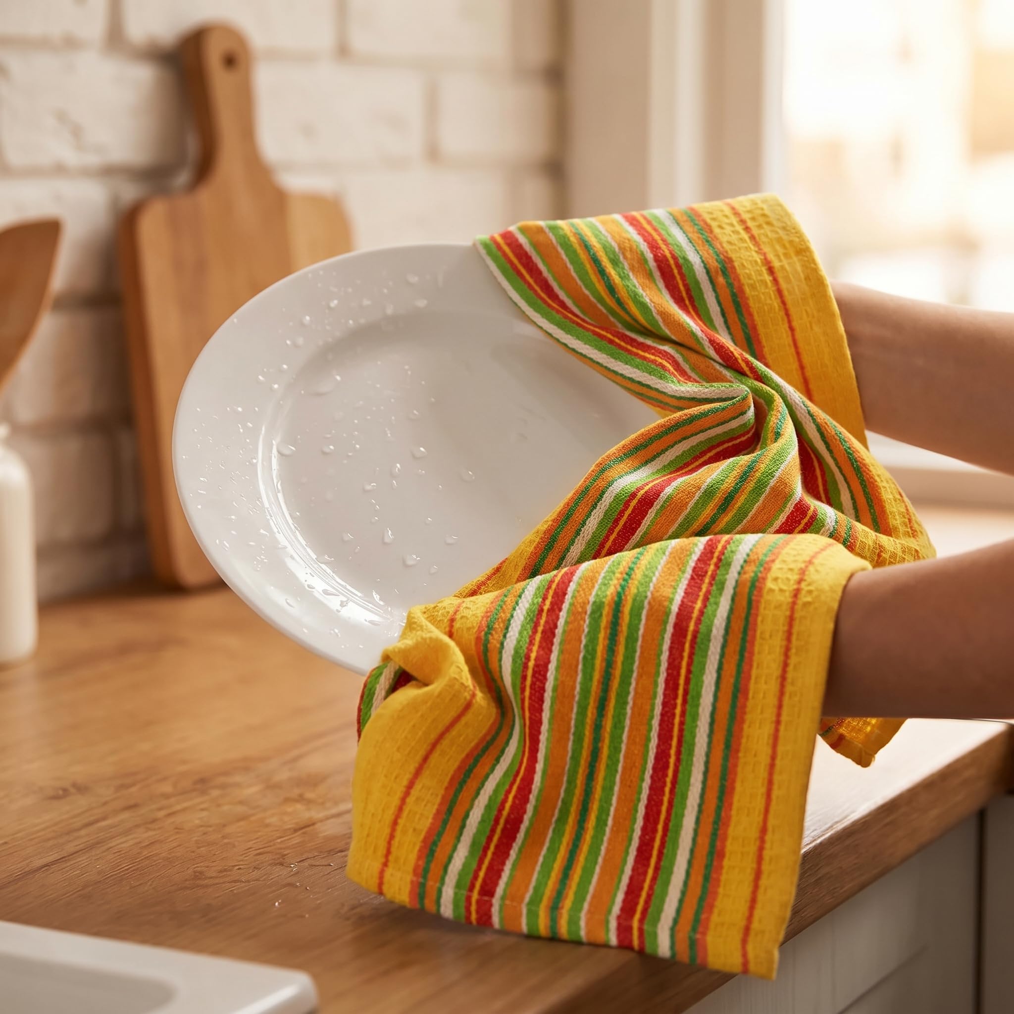 Urban Villa multi-color towels laid out to show variety and coordinated kitchen style