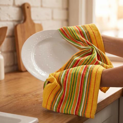 Urban Villa multi-color towels laid out to show variety and coordinated kitchen style