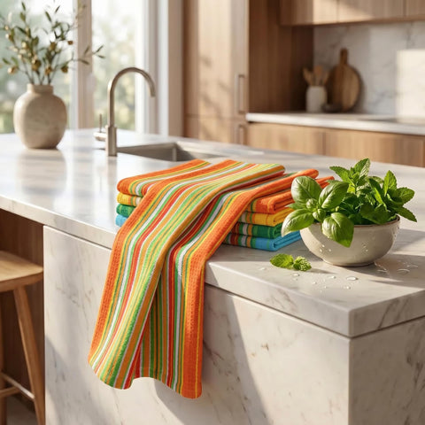 Urban Villa towel beside a dinner plate showing 20 by 30 inch scale for coverage