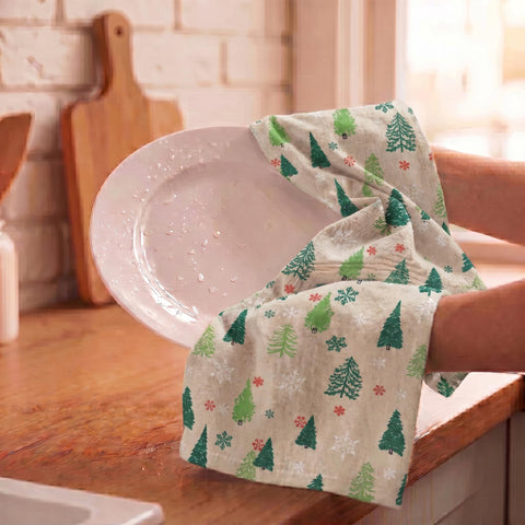 Urban Villa towel next to plate and utensils illustrating 20x30 size and versatile use benefit