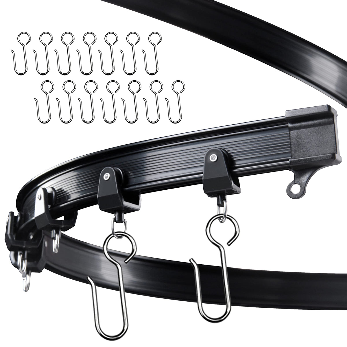 UrbanRed front view of black 5 m flexible curtain rail kit showing included parts and benefit of complete kit