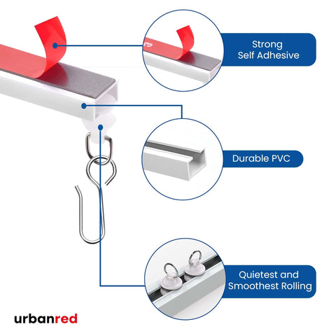 UrbanRed long ceiling-mounted track installed across a window showing continuous coverage benefit