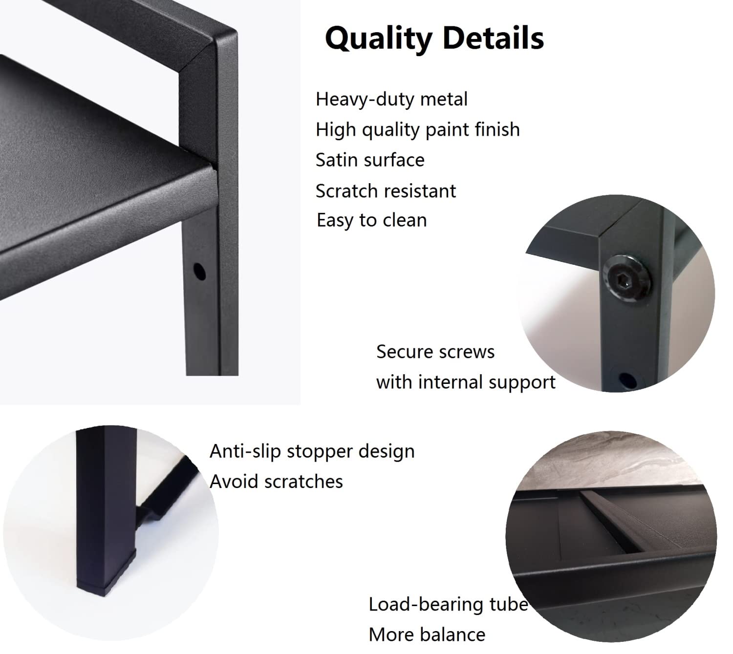 Urhomey plus close-up of powder-coated metal texture and plastic stopper protecting surfaces