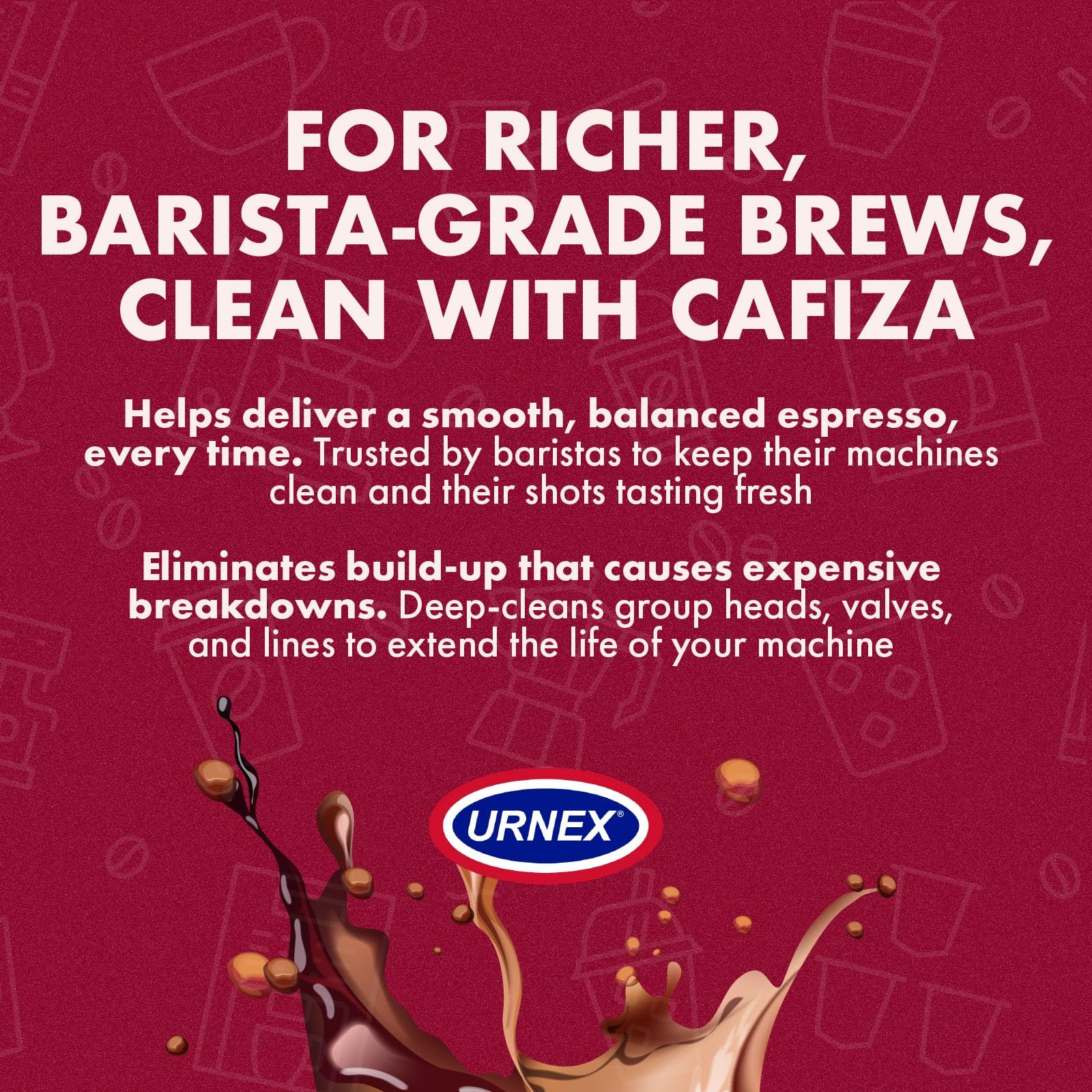 Urnex Cafiza containers on a café counter demonstrating professional maintenance supply