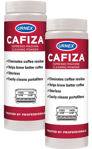 Urnex Cafiza front packaging showing two 566 g containers and branding for easy identification