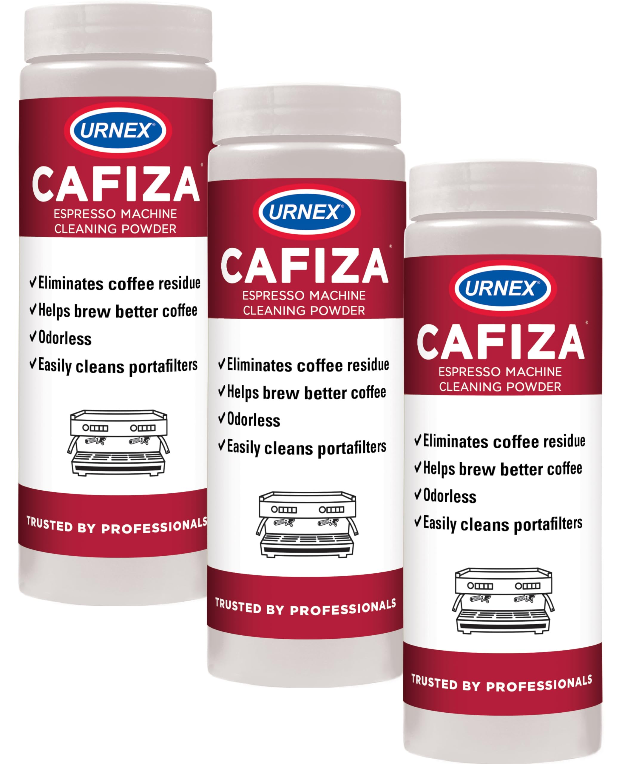 Urnex Cafiza three tubs front view showing packaging and quantity benefit