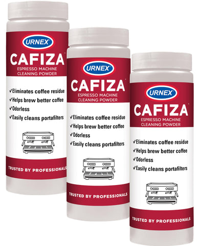 Urnex Cafiza three tubs front view showing packaging and quantity benefit