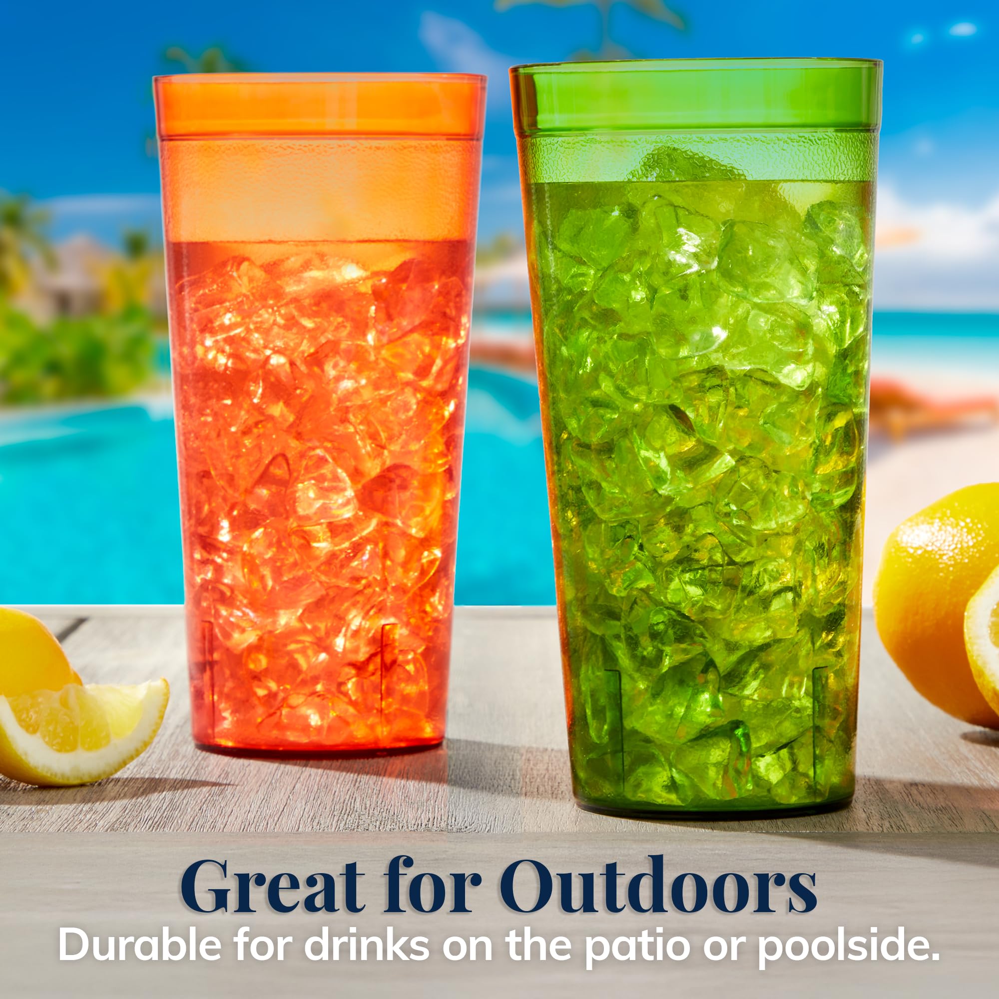 US Acrylic tumblers in use on outdoor table for safe poolside serving