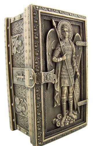 US archangel Saint Michael label and texture showing cold cast bronze finish