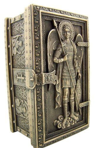 US archangel Saint Michael label and texture showing cold cast bronze finish