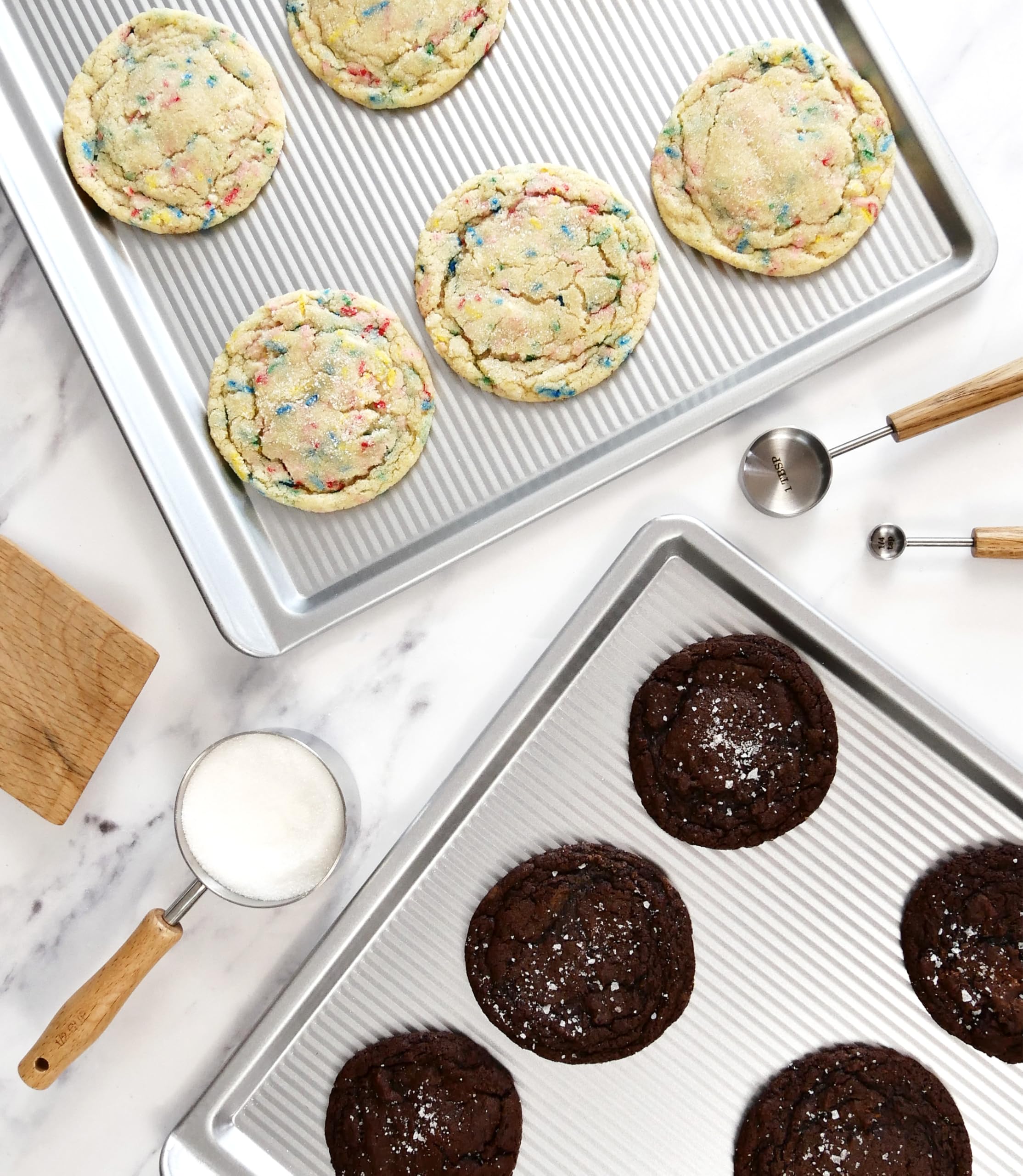 USA Pan two-pan stack showing scale and storage convenience for busy bakers