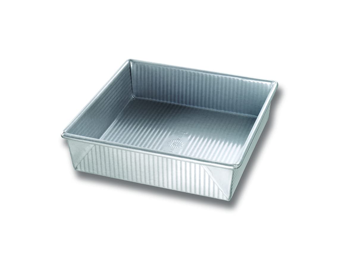 USA Pan front view of 9-inch square pan showing durable finish and even baking benefit