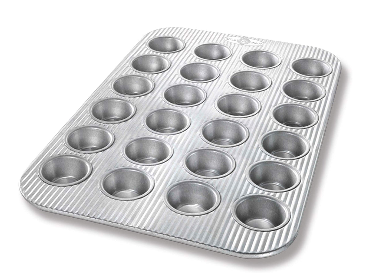 USA Pan front view of 24-well mini muffin pan showing layout and durability