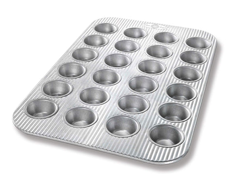 USA Pan front view of 24-well mini muffin pan showing layout and durability