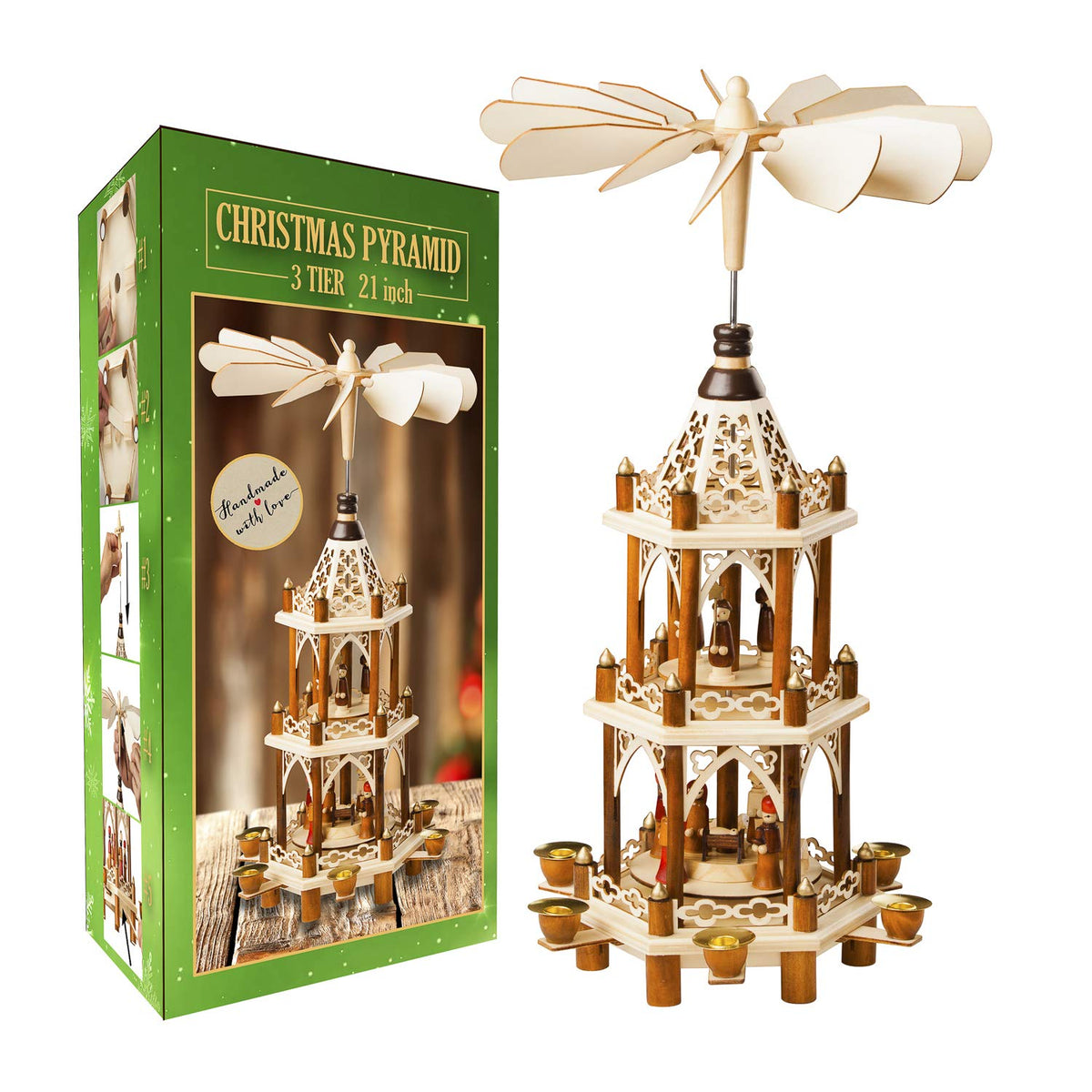 USA SUPREME front view of full 21-inch pyramid showing nativity scene and rotating tiers, adds traditional holiday warmth