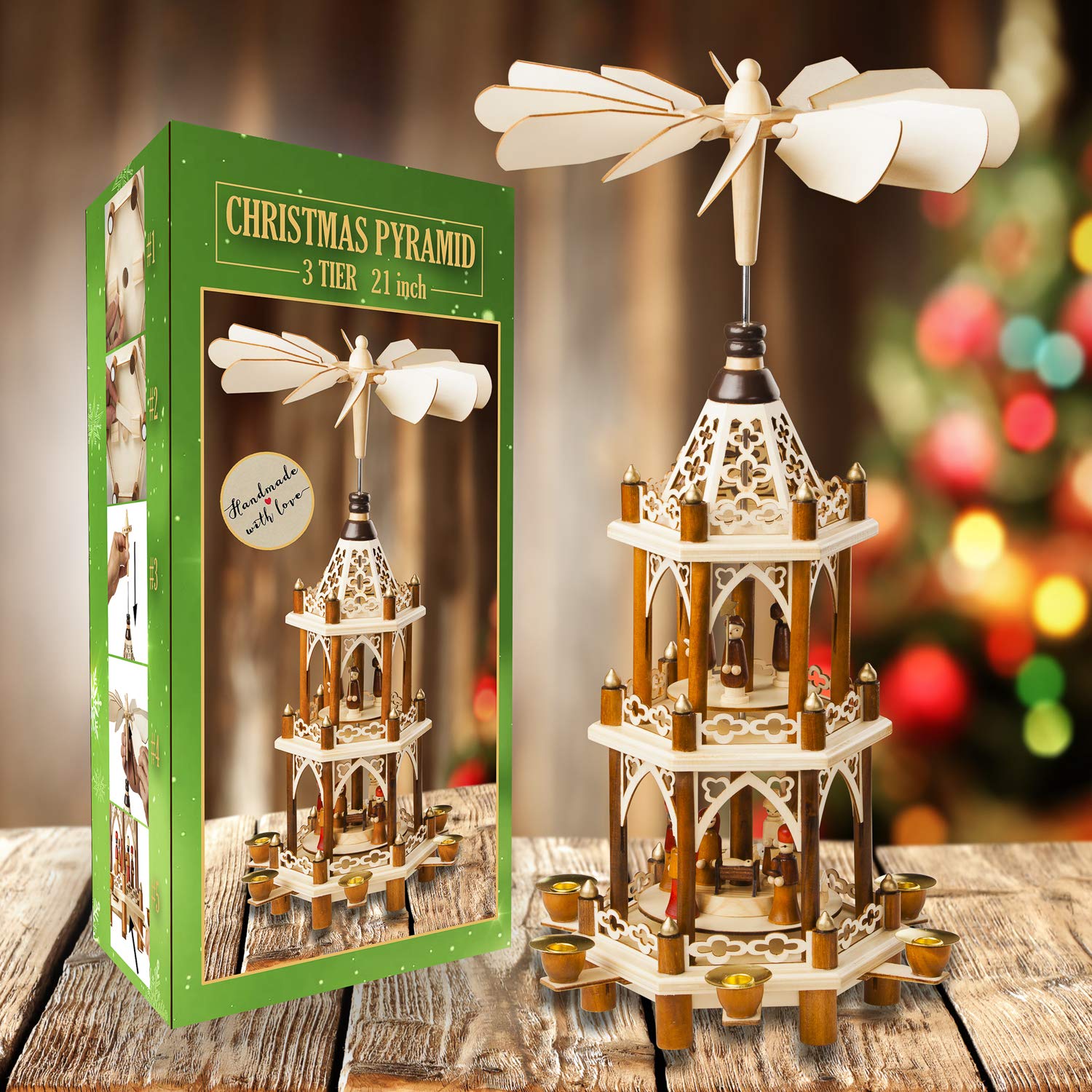 USA SUPREME detailed shot of three-tier nativity figures, showcasing hand-carved characters and storytelling charm