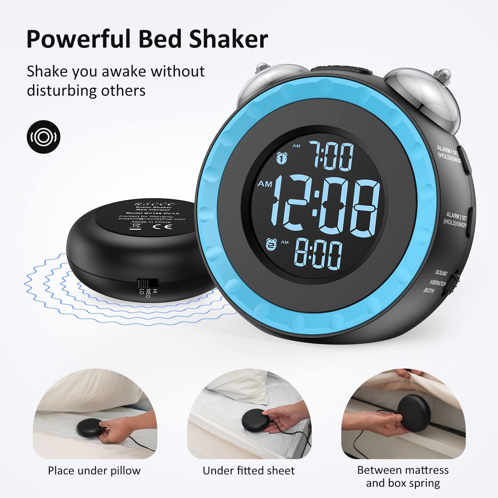uscce close-up of bed shaker pad highlighting strong vibration for heavy sleepers