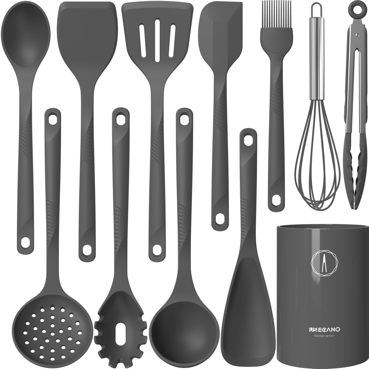 USECANO gray utensil set front view showing all ten tools and matching finish for organized kitchens