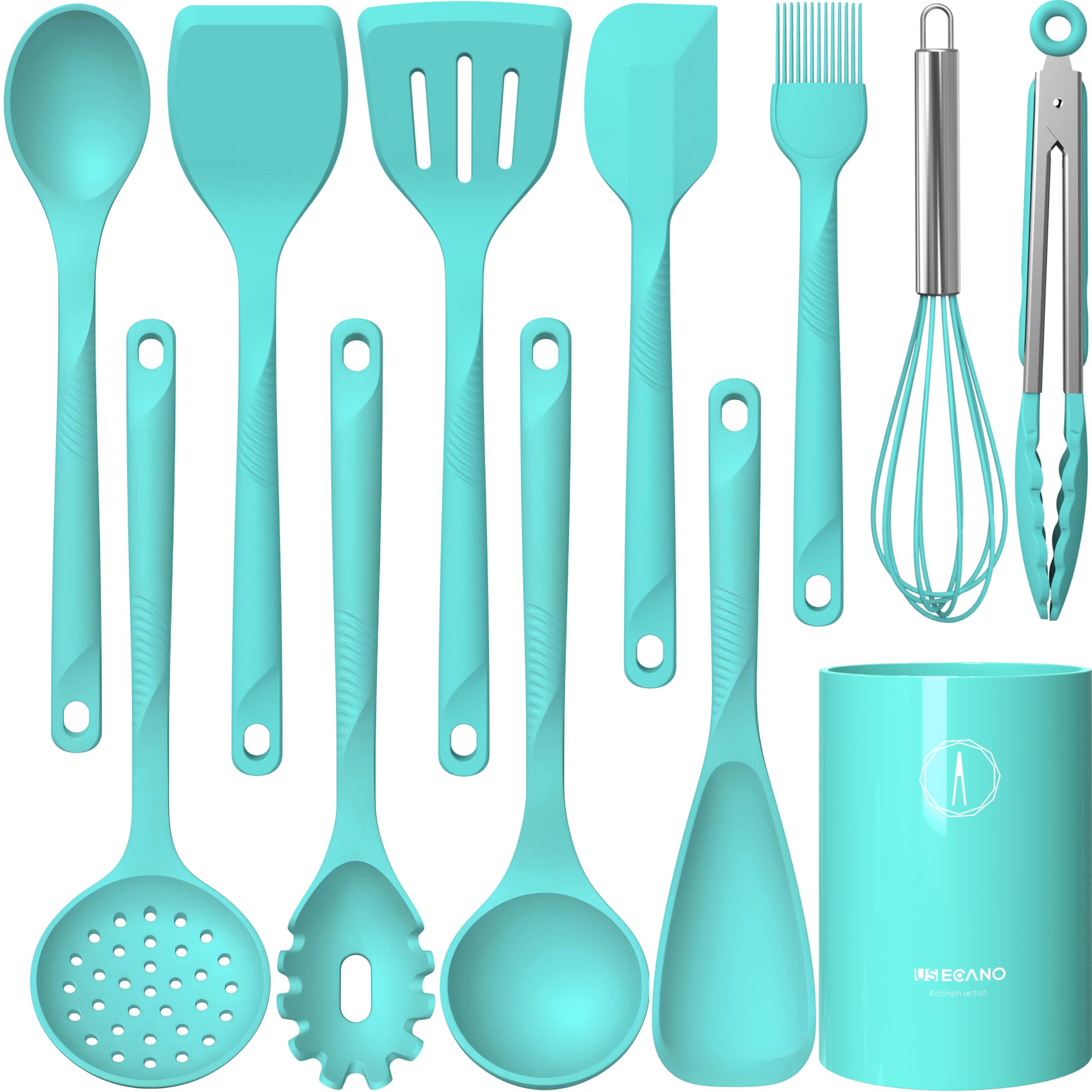 USECANO teal utensils front packaging showing full 10-piece set and benefits