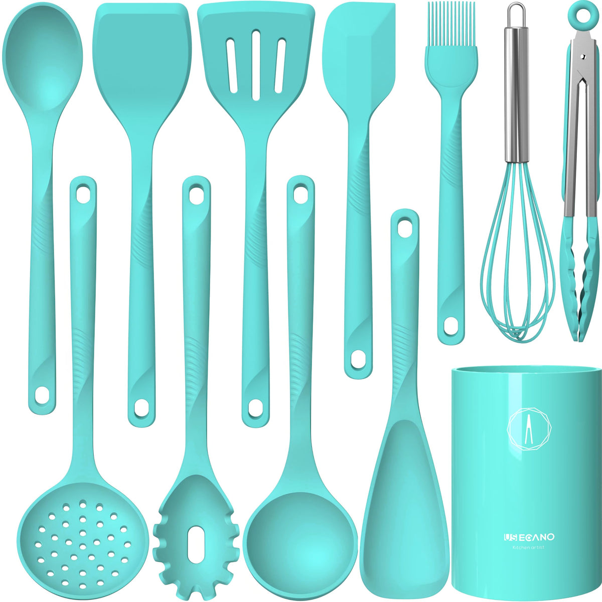 USECANO teal utensils front packaging showing full 10-piece set and benefits