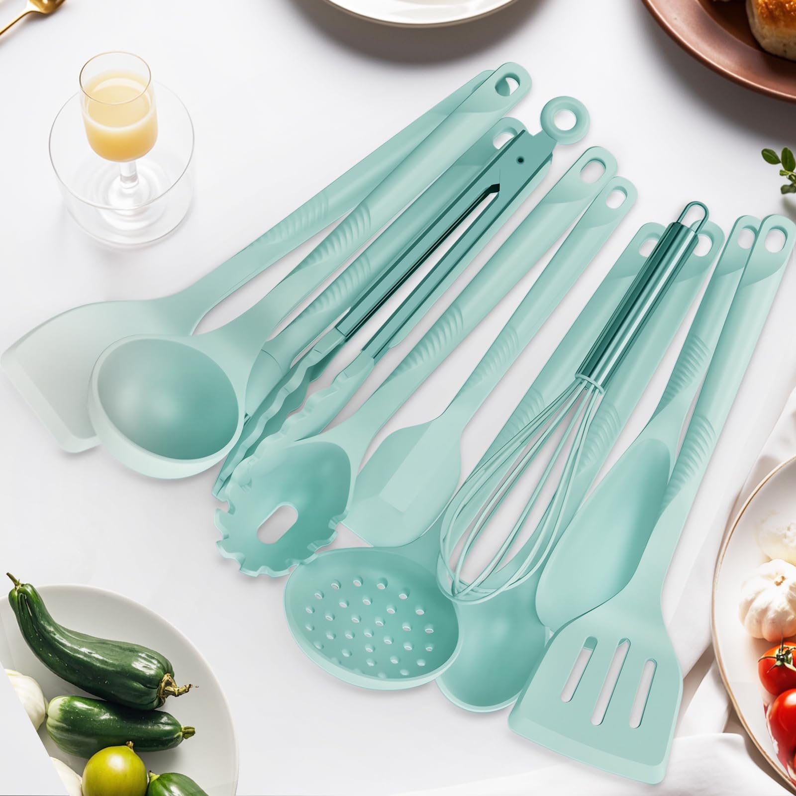 USECANO teal utensils displayed in a kitchen for coordinated countertop style