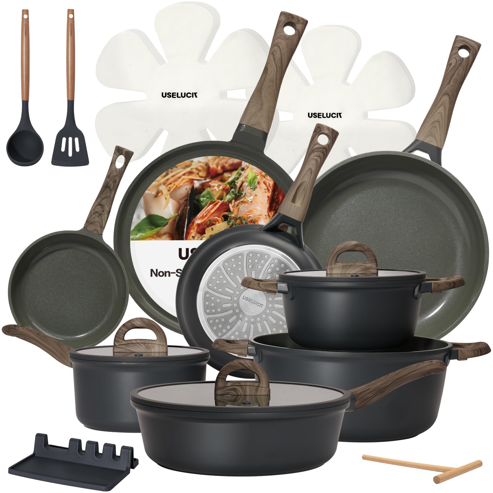 USELUCK front view of 22-piece set showing included pots and pans, displays full versatility