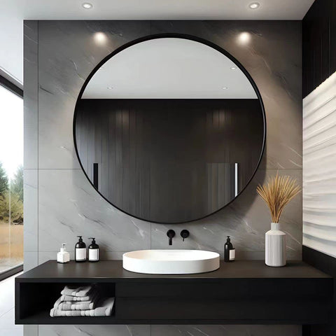 USHOWER front view 30 inch mirror showing modern black frame and reflective benefit