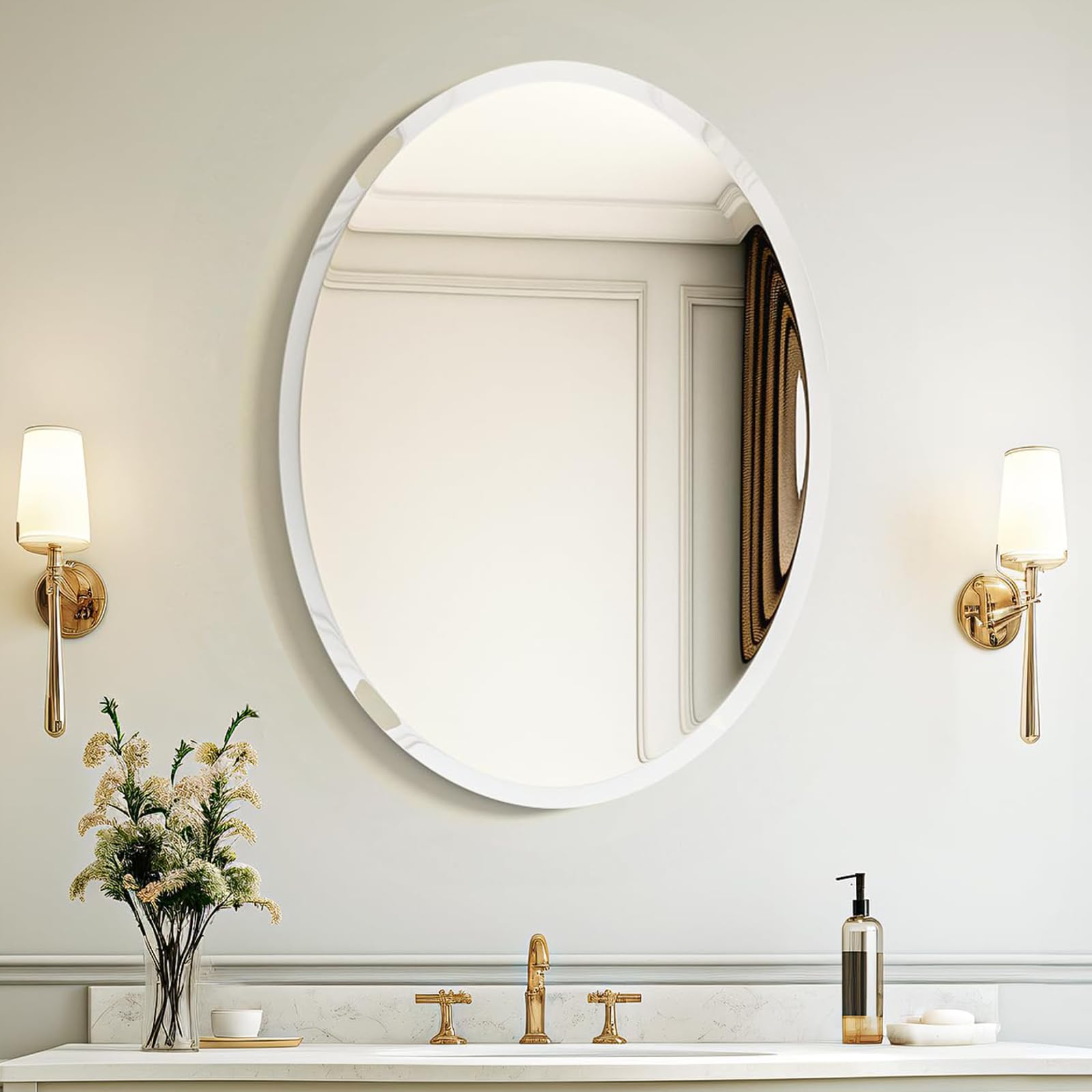USHOWER frameless oval mirror front view showing clean modern look and brightening benefit