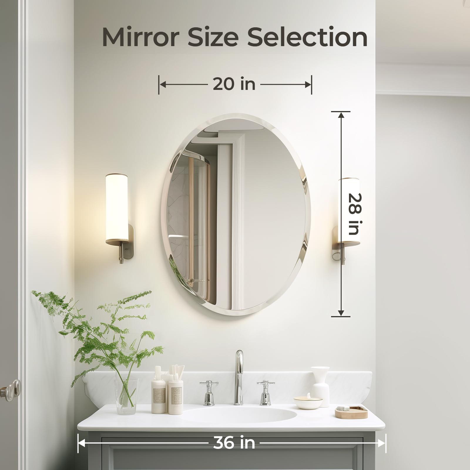USHOWER mirror with measuring tape showing size 20x28 and easy-fit benefit