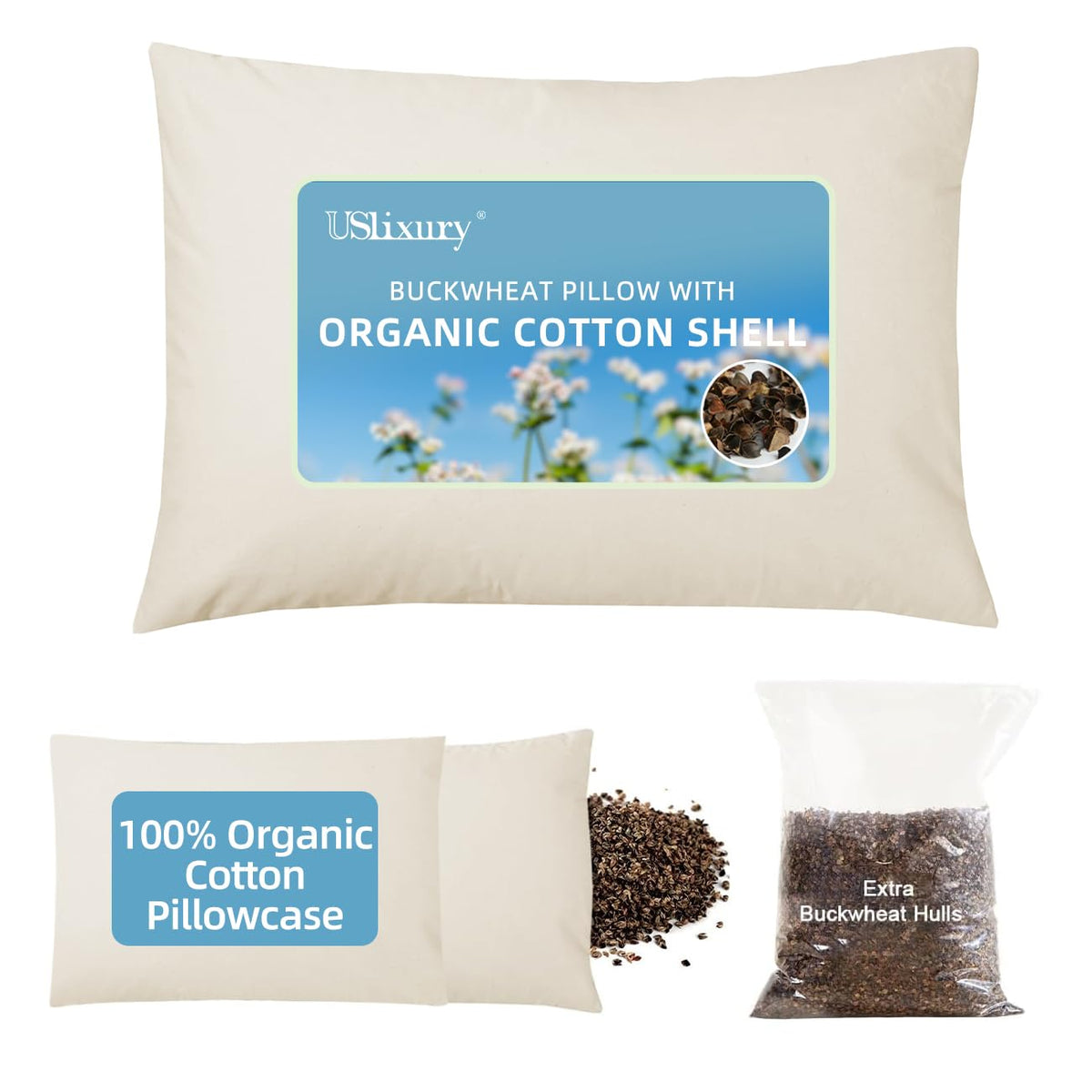 USlixury front view of buckwheat pillow showing organic packaging and clear benefit