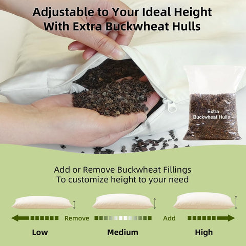 USlixury side profile of pillow demonstrating adjustable loft and neck support benefit