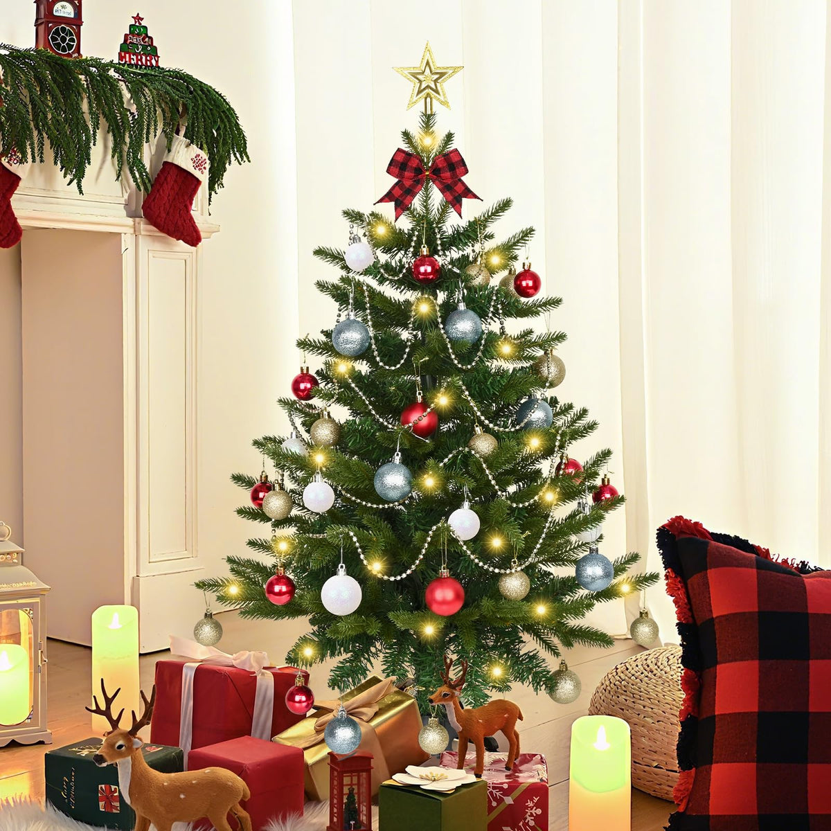 Uspring front view fully decorated tree showing bright holiday ambiance