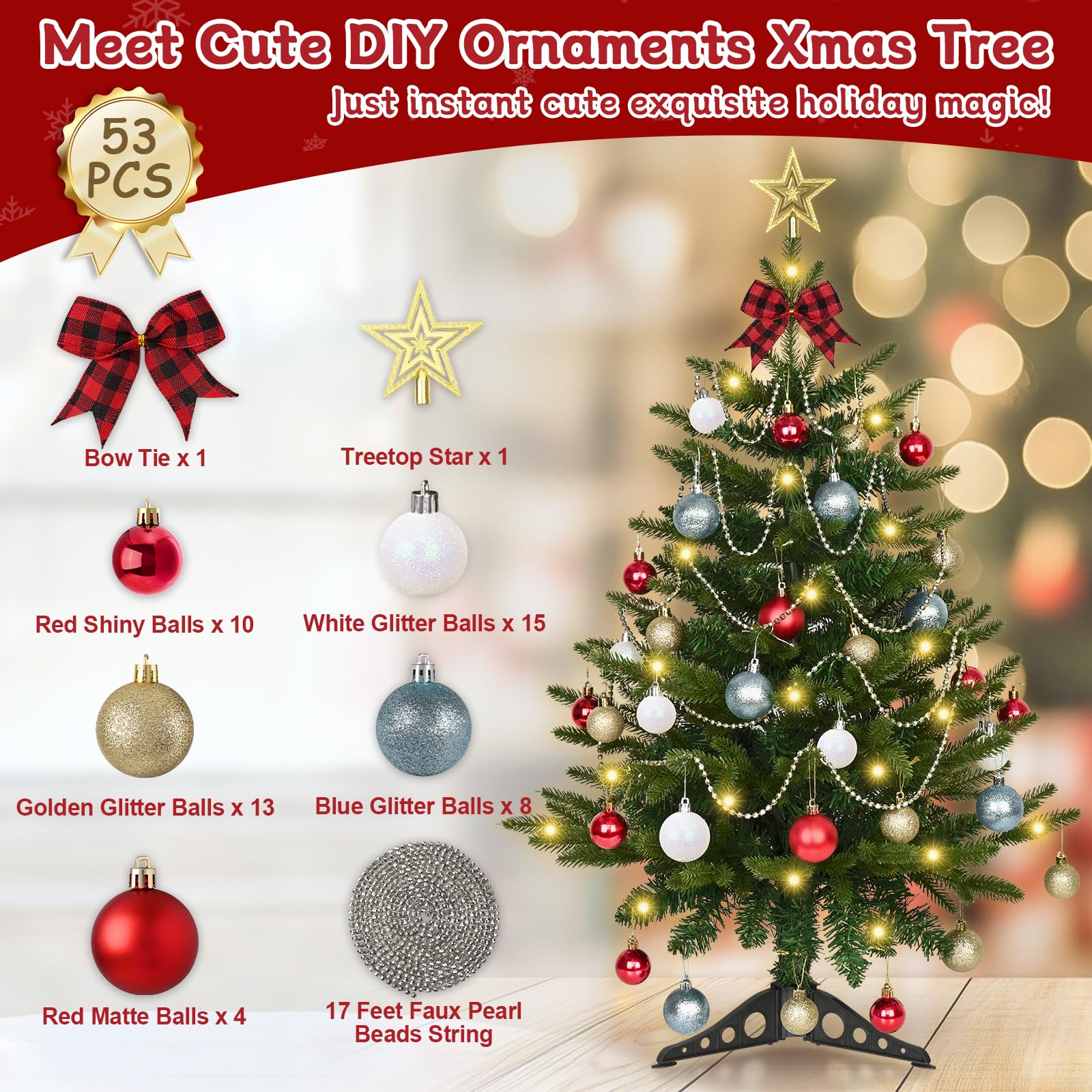 Uspring tabletop tree lit at night with warm LEDs creating cozy mood