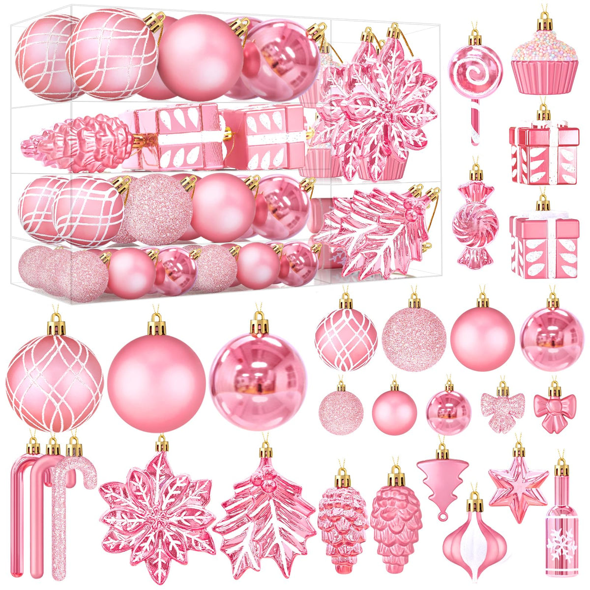 Uspring front packaging showing full pink ornament set and organized box benefit: easy storage