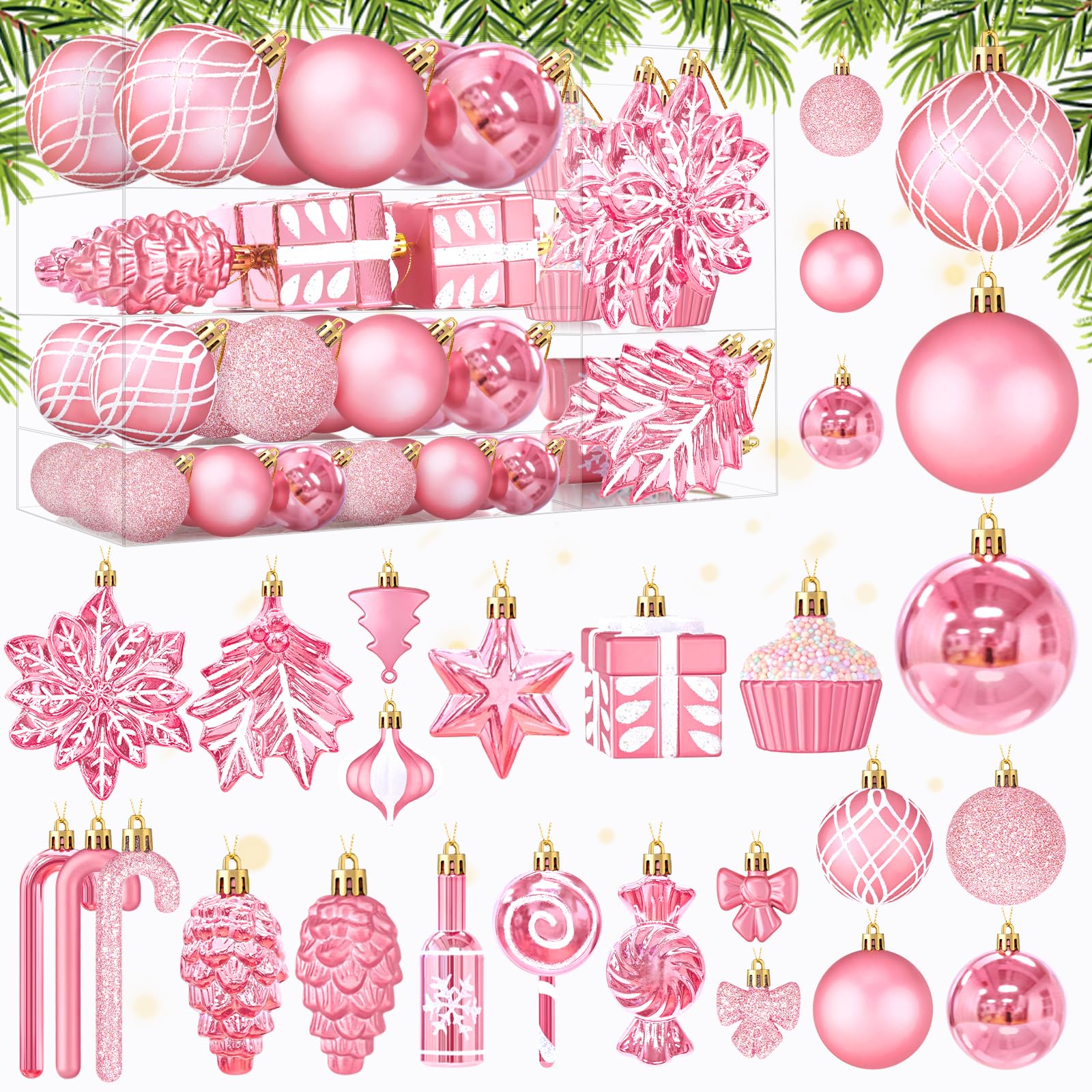Uspring ornaments styled on holiday table setting showing elegant pink theme