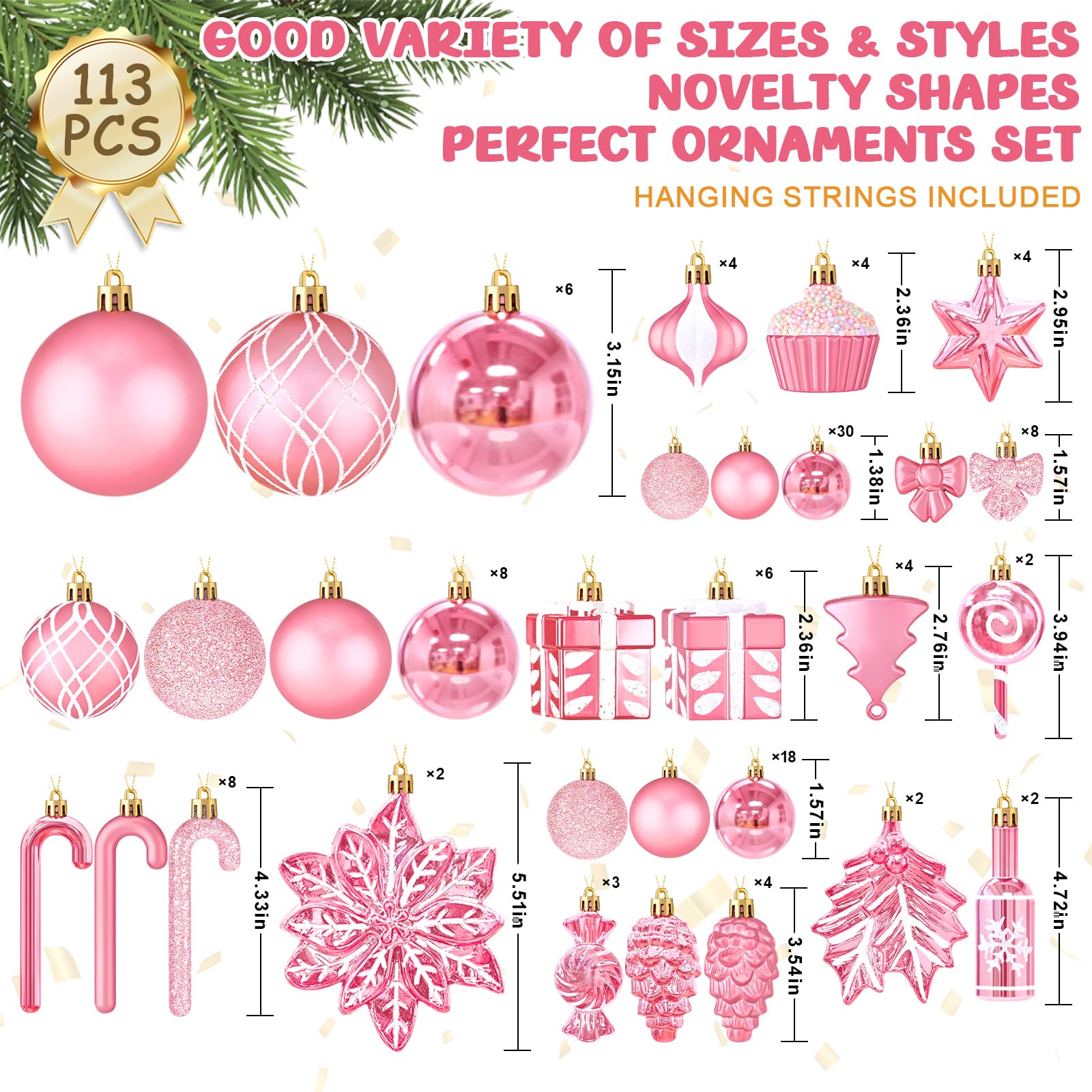 Uspring ornaments hung on Christmas tree adding cohesive pink color and festive sparkle