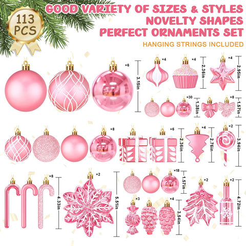 Uspring ornaments hung on Christmas tree adding cohesive pink color and festive sparkle