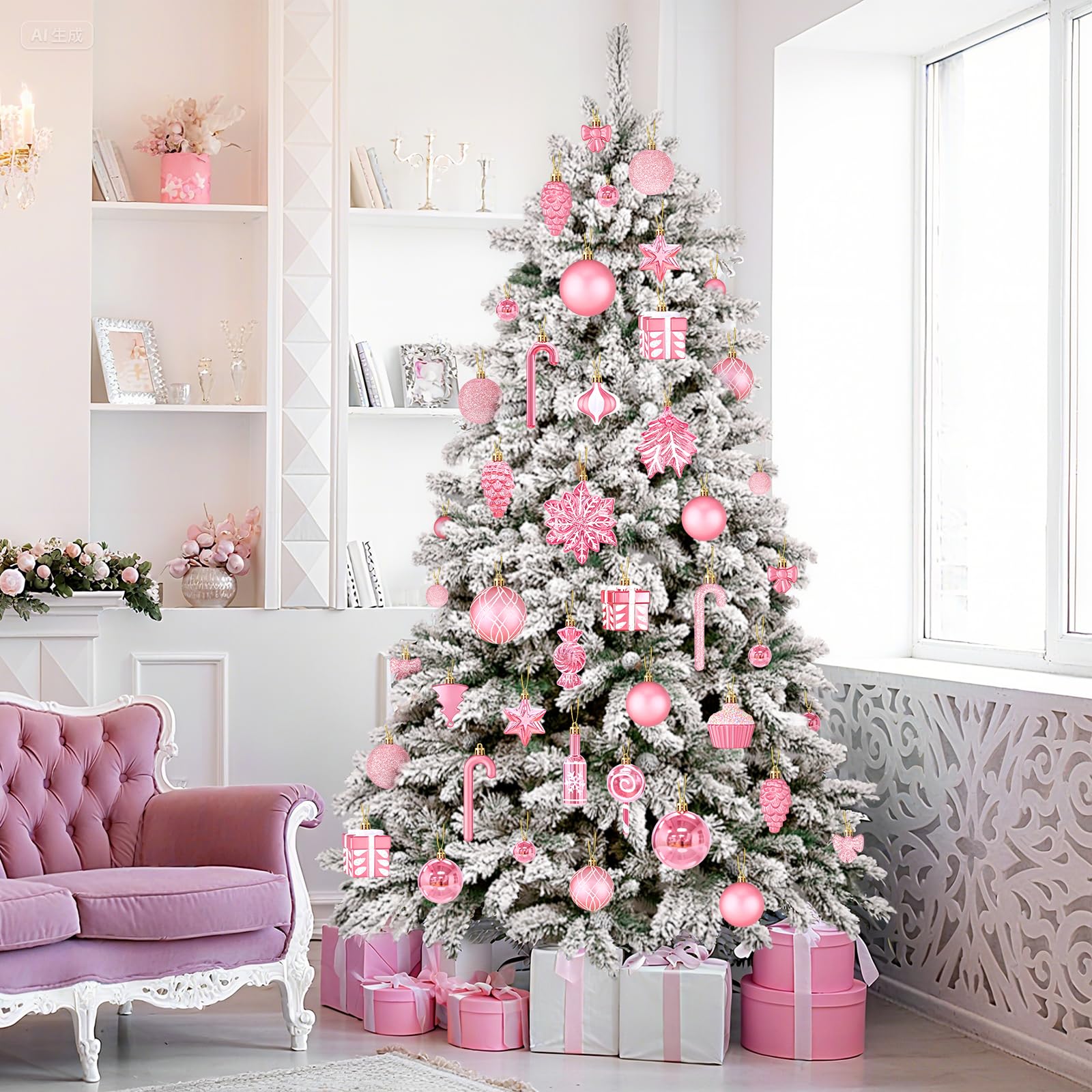 Uspring ornaments arranged in wreath and centerpiece showing versatile decorating options