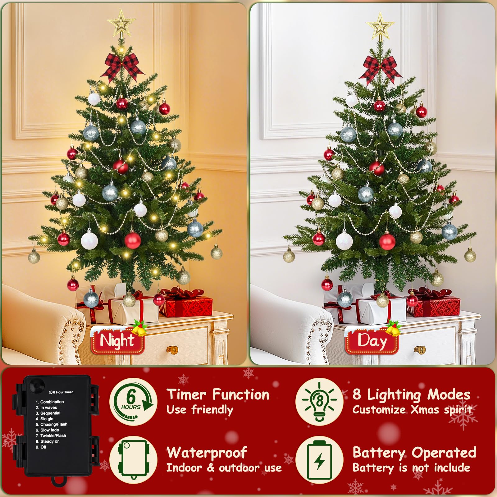 Uspring gold star topper and buffalo-plaid bow adding festive charm