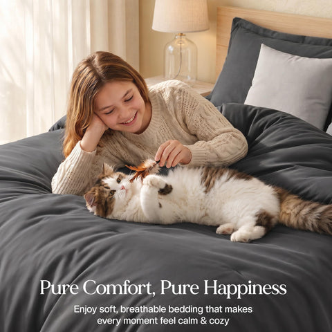 Utopia Bedding styled king bed in grey comforter showing cozy modern bedroom setup