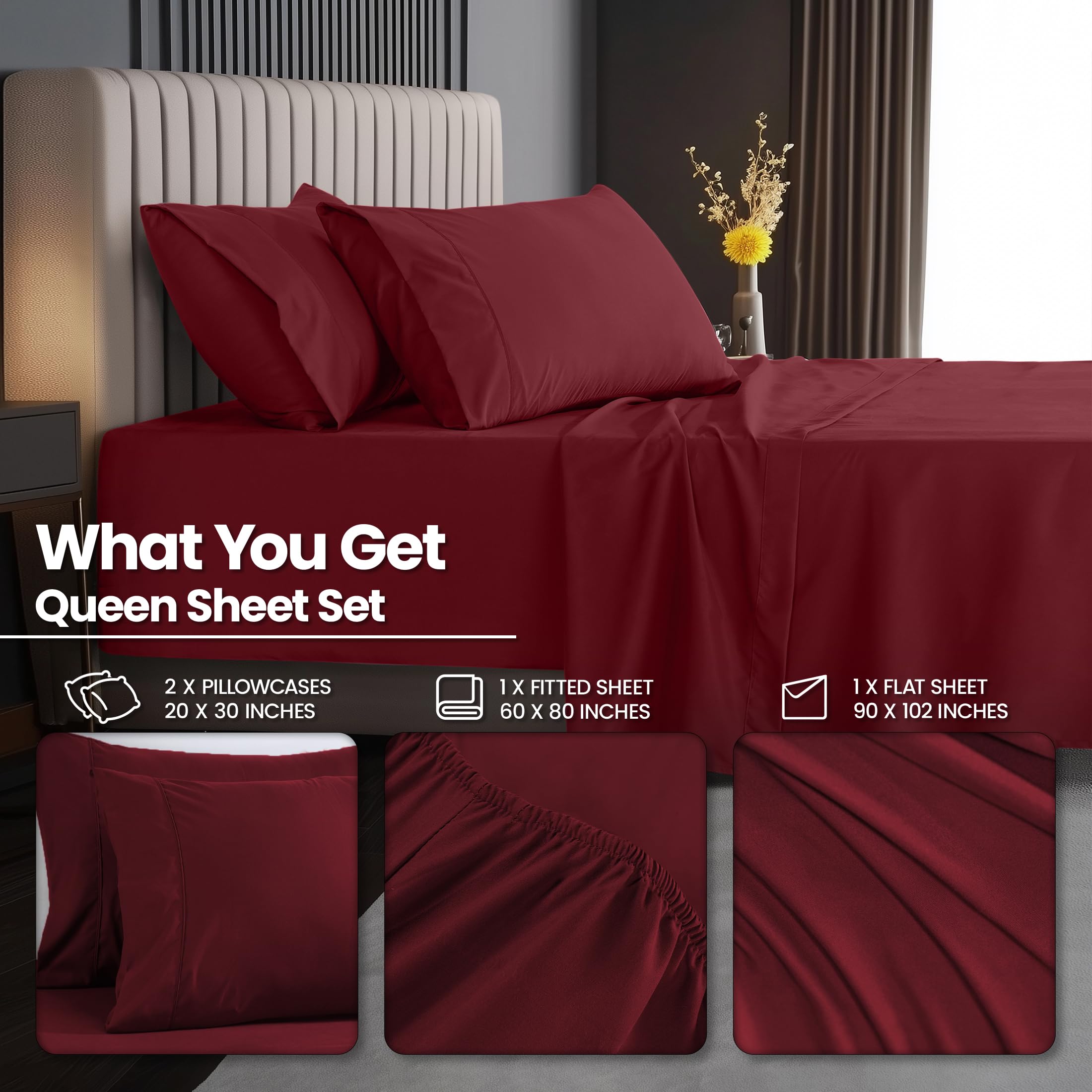 Utopia Bedding flat sheet drape in burgundy illustrating generous coverage and smooth look