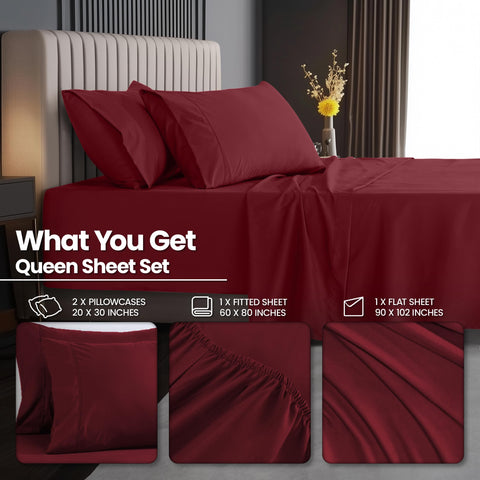 Utopia Bedding flat sheet drape in burgundy illustrating generous coverage and smooth look
