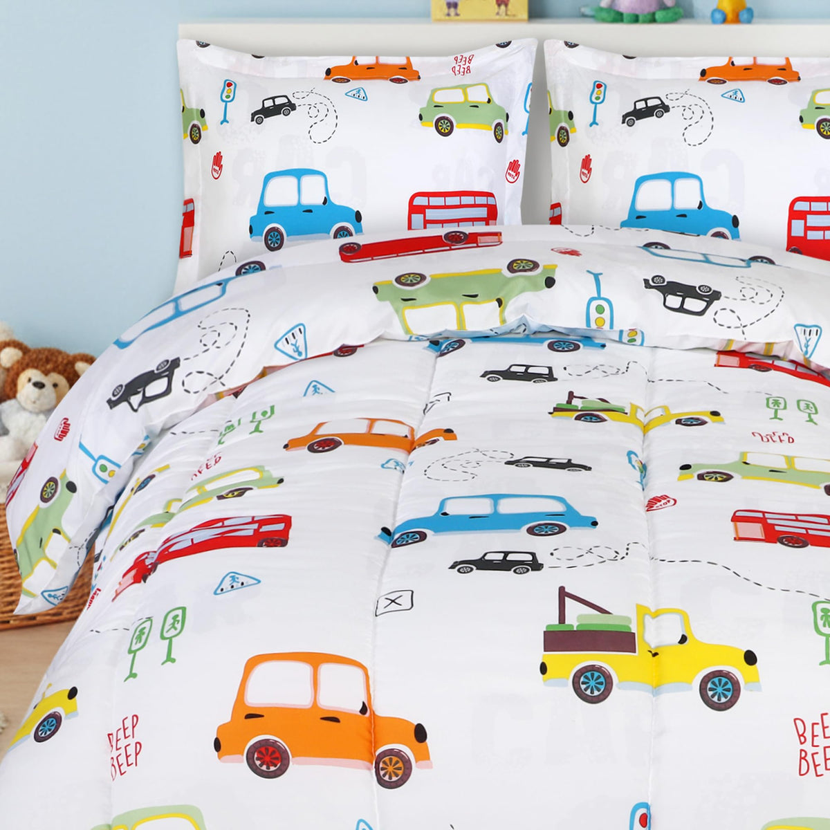 Utopia Bedding car comforter front view showing full twin coverage and playful look