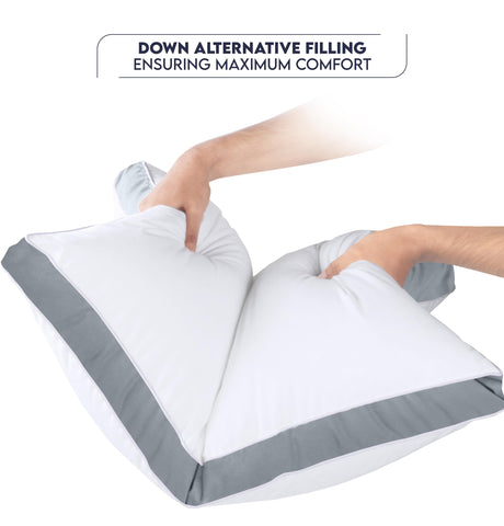 Utopia Bedding care label and piping detail showing durable finishing and support