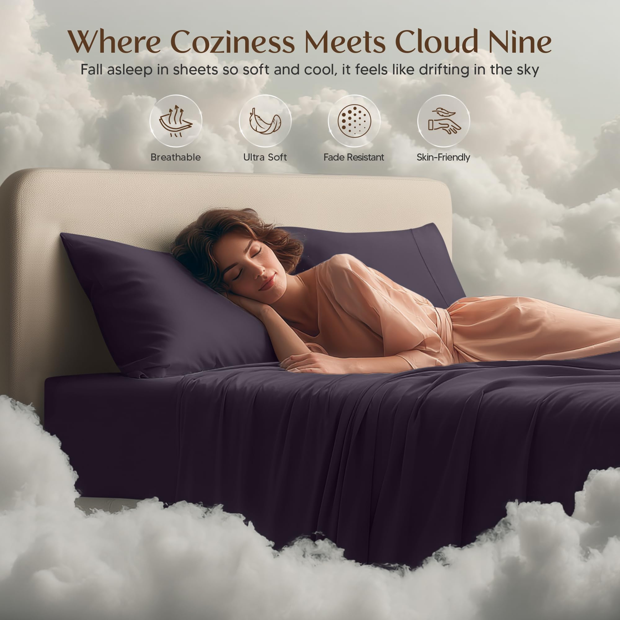 Utopia Bedding sheets styled in bedroom showing dark purple decor upgrade and cozy appeal